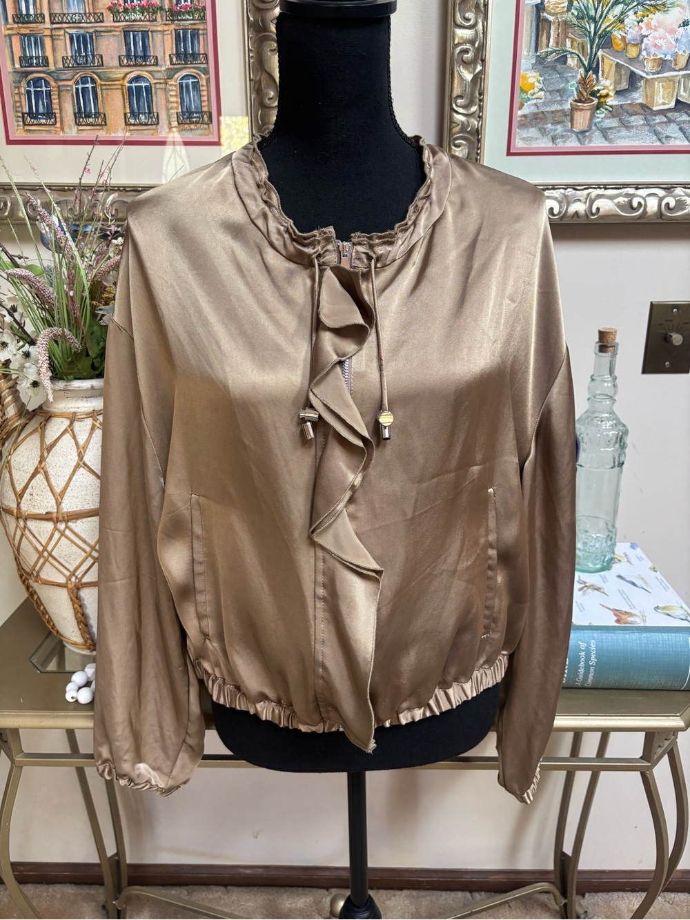 Zara Bronze Metallic Satin Ruffle-Front Bomber Jacket - Blouse Size S